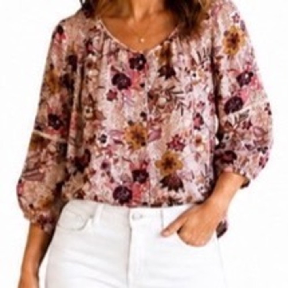 Knox Rose XXL Pink Floral Button Front Boho Blouse 3/4 Balloon Sleeve Rayon